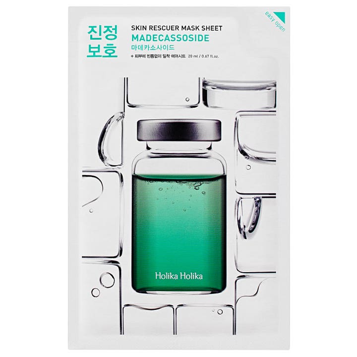 Holika Holika Skin Rescuer Mask Sheet Madecassoside 20 ml sheet mask der beroliger huden i hvid pakke med grøn glasampul