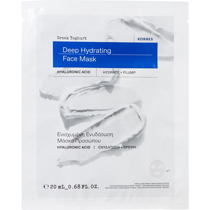 Korres Greek Yoghurt Deep Hydrating Face Mask 20 ml fugtgivende ansigtsmaske i hvid sachet med hyaluronsyre og yoghurtprint