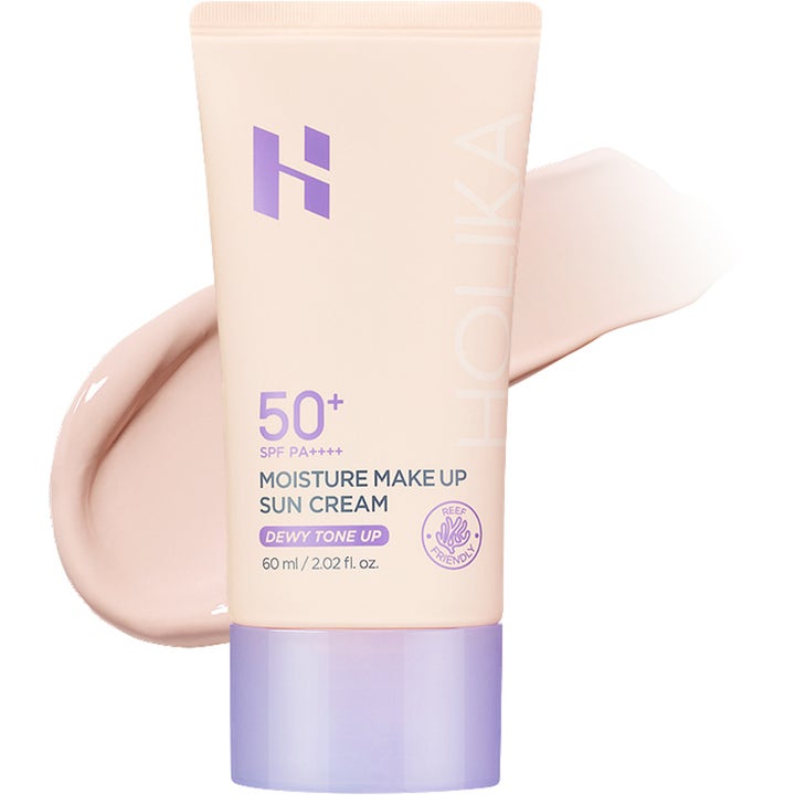 Holika Holika Moisture Make Up Sun Cream 60 ml SPF 50+ solcreme i beige tube med lilla låg og lys cremet tekstur