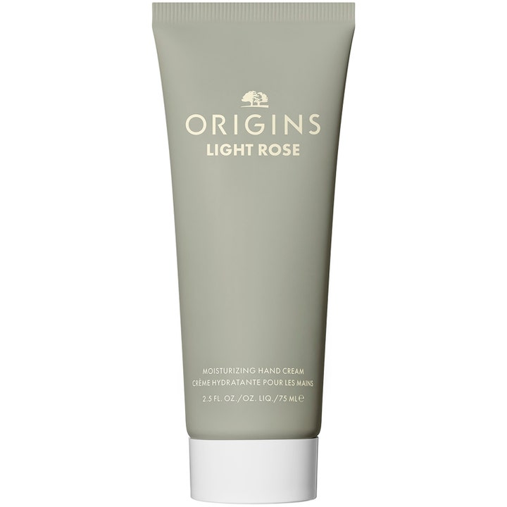 Origins Light Rose 75 ml fugtgivende håndcreme der blødgør huden i en mat salviegrøn tube med hvidt låg.