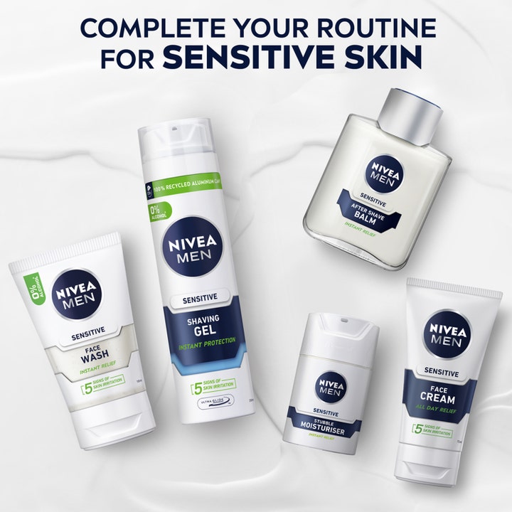 NIVEA Sensitive Shaving Gel 200 ml og hudplejeserie til mænd der modvirker hudirritation i hvide tuber