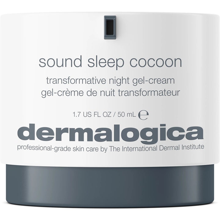 Dermalogica Sound Sleep Cocoon 50 ml beroligende natcreme i hvid krukke med mørkegrå bund og lille pumpe