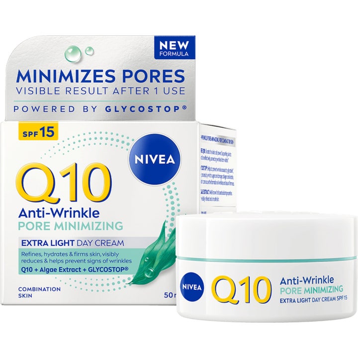 Nivea Q10 Anti-Wrinkle Pore Minimizing 50 ml dagcreme mod rynker i hvid krukke ved siden af hvid æske