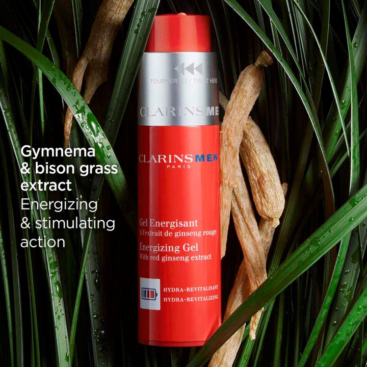 Clarins Men Energizing Gel 50 ml energigivende ansigtsgel i rød flaske med rød ginseng og bisongræs-ekstrakt.