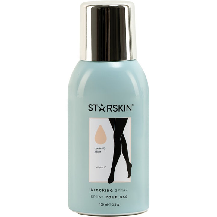 Starskin Stocking Spray Color 10 100 ml brun uden sol spray i lyseblå flaske med sølvlåg og silhuet af ben