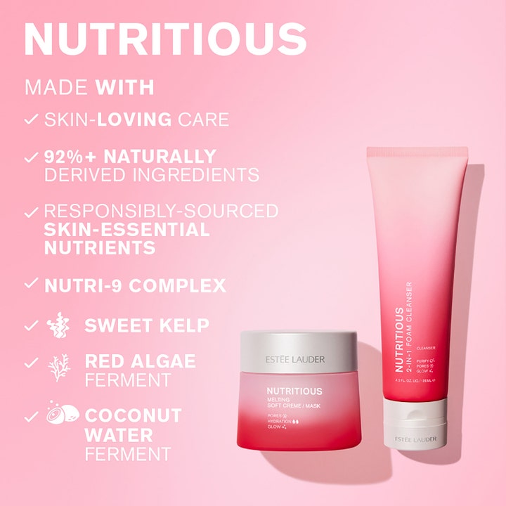 Estée Lauder Nutritious 2-In-1 Foam Cleanser 125 ml rengøringsskum i pink tube med kokosvand der renser porer og giver glød.