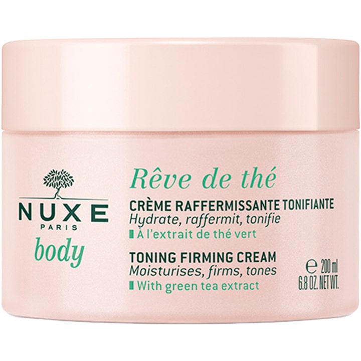Nuxe Body Rêve de Thé Toning Firming Cream 200 ml opstrammende kropscreme i en lyserød krukke med grøn tekst