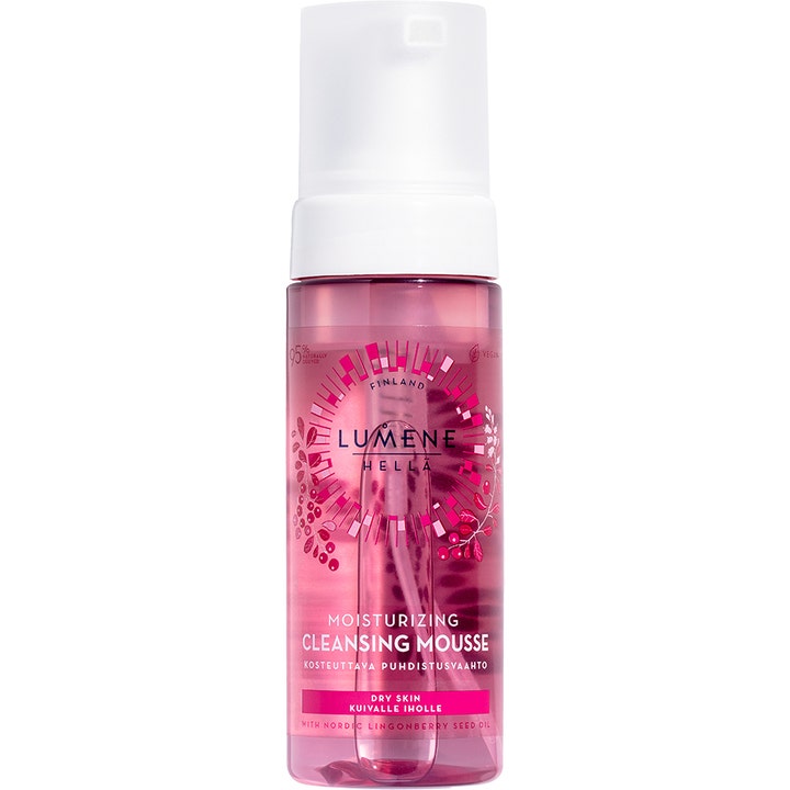 Lumene Hellä Moisturizing Cleansing Mousse fugtgivende ansigtsrens i en gennemsigtig lyserød flaske med hvid pumpe.
