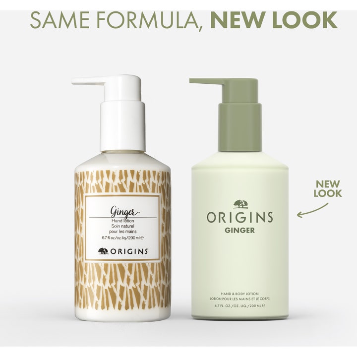 Origins Ginger Hand & Body Lotion 200 ml fugtgivende kropspleje i ny grøn flaske med teksten same formula new look
