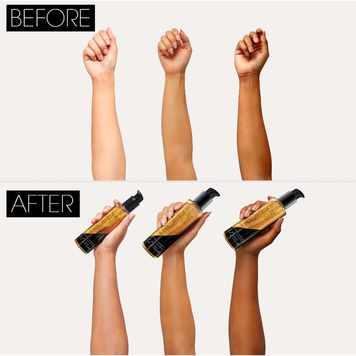St.Tropez Self Tan Luxe Body Serum 200 ml giver naturlig glød vist med før og efter resultater på forskellige hudtoner.