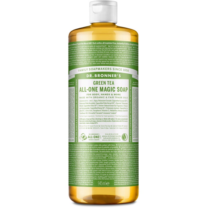Dr. Bronner's Green Tea All-One Magic Soap 945 ml økologisk flydende sæbe i klar flaske med grøn label der renser mildt