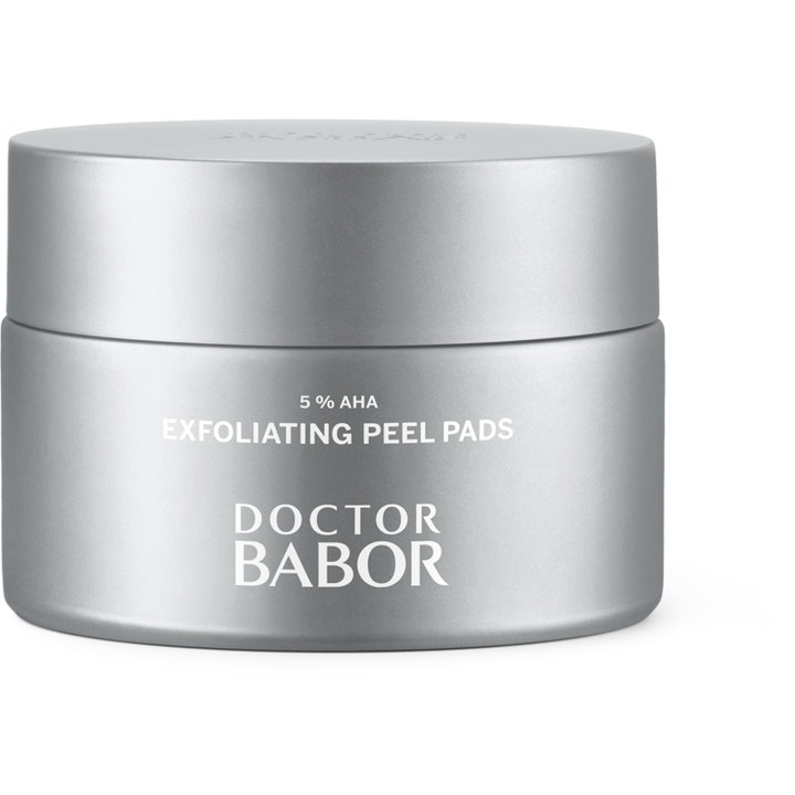 Doctor Babor Exfoliating Peel Pads 60 stk eksfolierende ansigtspads i en mat sølvgrå krukke der giver glød
