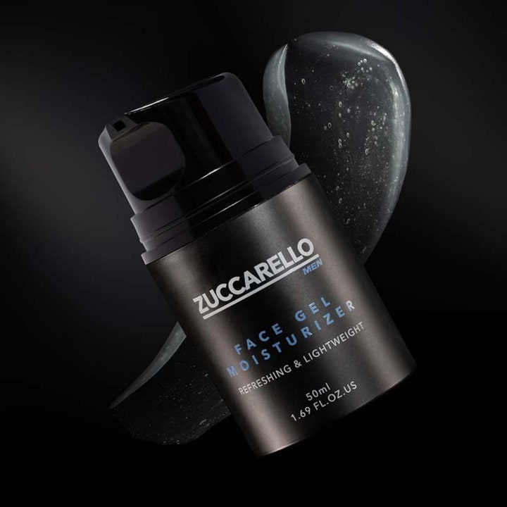 Zuccarello Men Face Gel Moisturizer 50 ml fugtgivende dagcreme i sort pumpeflaske med klar geltekstur bagved