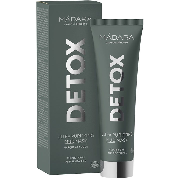 MÁDARA Detox Ultra Purifying MUD Mask 60 ml ansigtsmaske i mørkegrå tube og æske der renser porer.