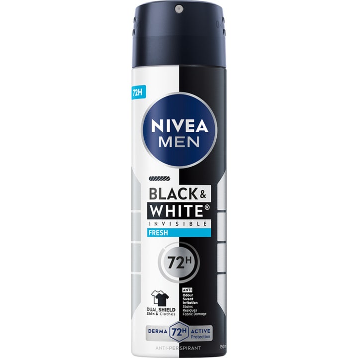 Nivea Men Black & White Invisible Fresh 150ml deospray mod pletter i en sort og hvid metalflaske med blåt logo