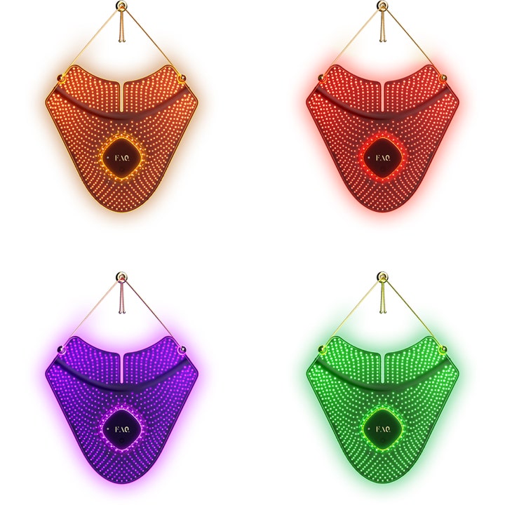 FAQ Swiss FAQ 211 LED Neck & Décolleté Mask 1 stk. til LED-lysbehandling vist med rødt, lilla, grønt og orange lys.