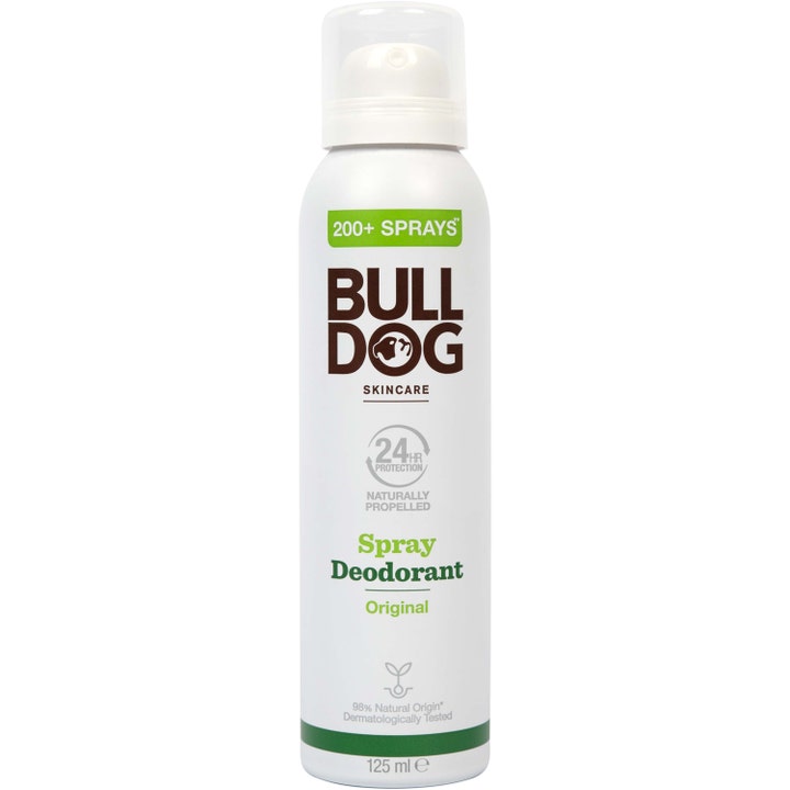 Bulldog Original Spray Deodorant 125 ml beskyttende kropspleje i hvid sprayflaske med grønne detaljer