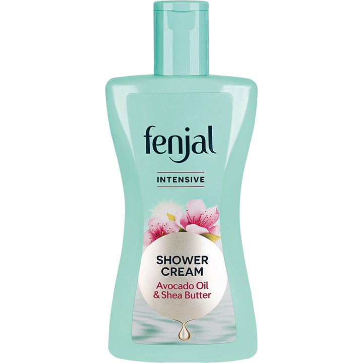 Fenjal Intensive Shower Cream 200 ml plejende kropsvask i turkis plastflaske dekoreret med lyserøde blomster