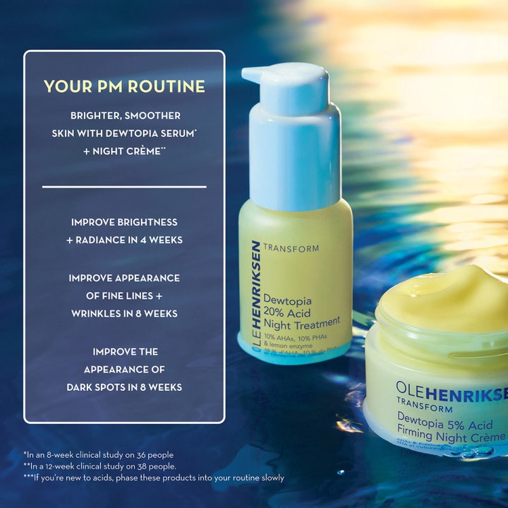 Ole Henriksen Dewtopia 5% Acid Firming Night Crème 50 ml opstrammende nattkräm i krukke ved siden af serum