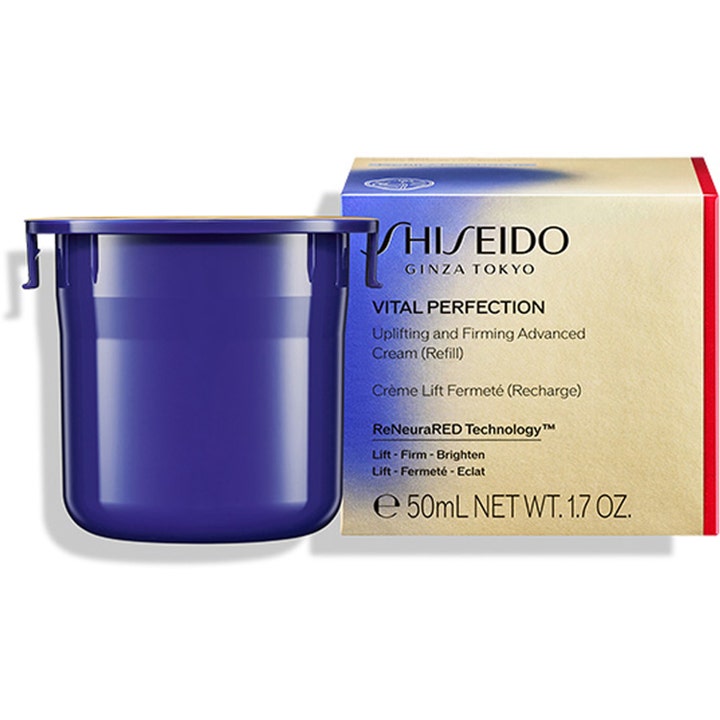 Shiseido Vital Perfection Uplifting and Firming Advanced Cream Refill 50 ml opstrammende creme i blå krukke og guldæske