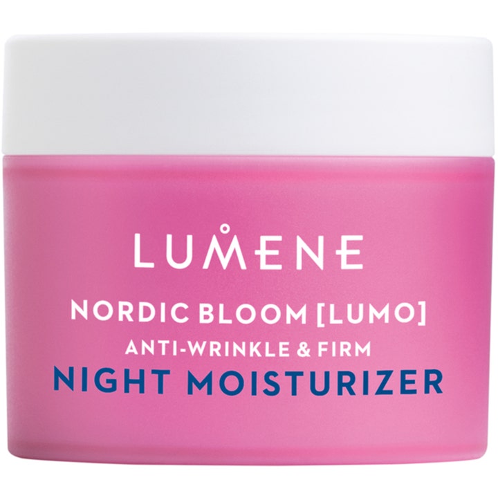Lumene Nordic Bloom Lumo Night Moisturizer opstrammende natcreme i lyserød krukke med hvidt låg der effektivt mindsker rynker