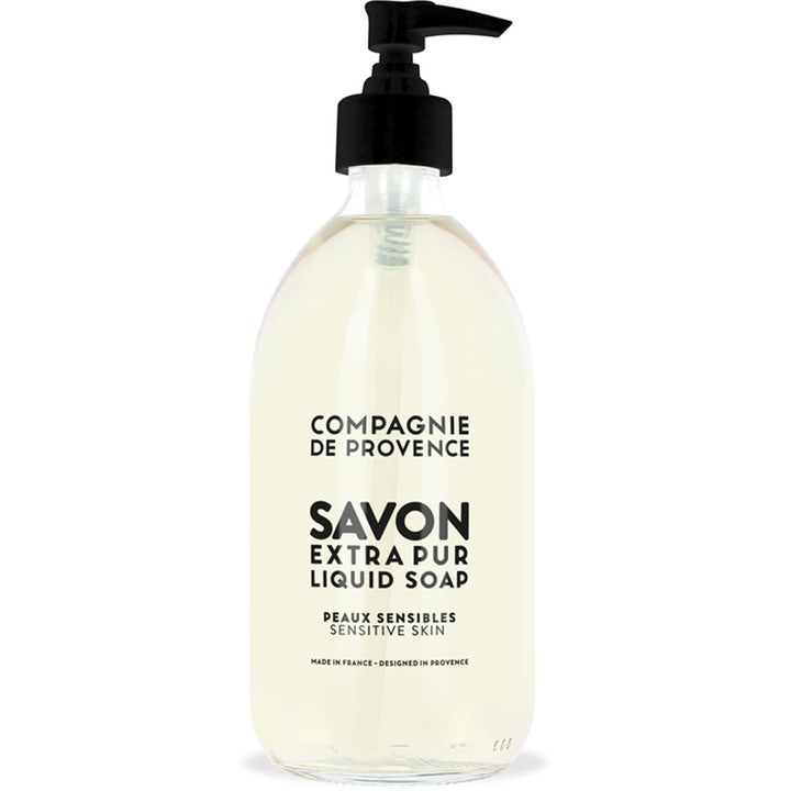 Compagnie de Provence Savon Extra Pur 500ml flydende sæbe til følsom hud i klar glasflaske med sort pumpe
