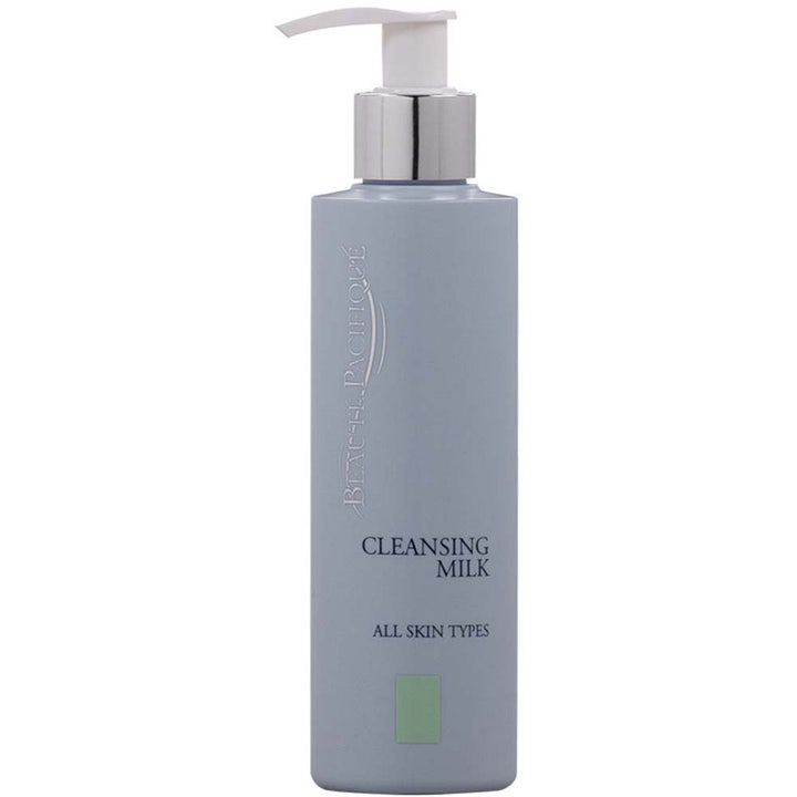 Beauté Pacifique Cleansing Milk 200 ml ansigtsrens til alle hudtyper i en grå flaske med hvid pumpe og sølvkrave.