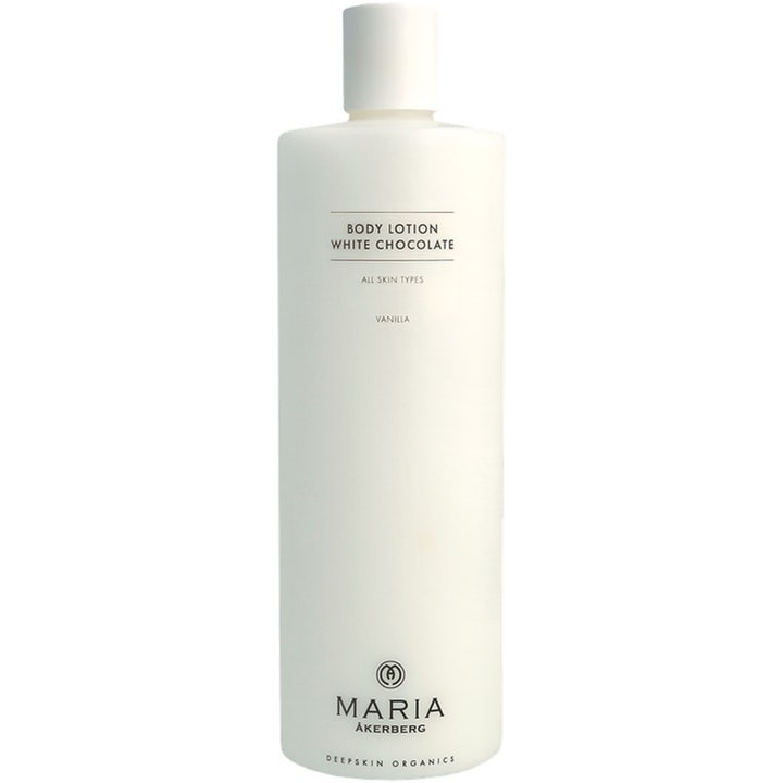 Maria Åkerberg Body Lotion White Chocolate fugtgivende kropspleje i en slank hvid plastflaske med hvidt låg