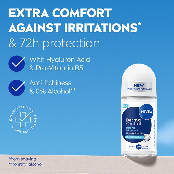 NIVEA Derma Control Defend Roll On 50 ml modvirker irritation og giver 72h beskyttelse med hyaluronsyre og B5-vitamin.