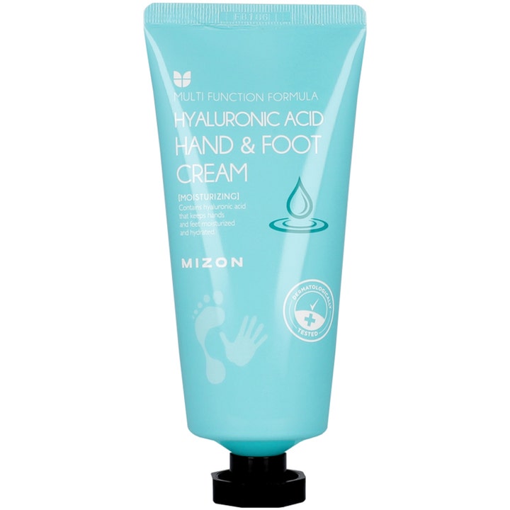 Mizon Hyaluronic Acid Hand & Foot Cream fugtgivende creme i lyseblå tube med sort skruelåg
