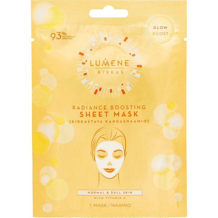 Lumene Kirkas Radiance Boosting Sheet Mask 1 stk opfriskende ansigtsmaske i gul emballage der giver huden glød