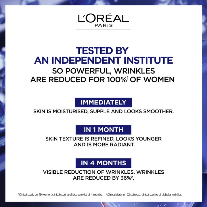 L'Oréal Paris Laser Pure Retinol Night Serum 30 ml serum mod rynker med infografik der viser kliniske resultater