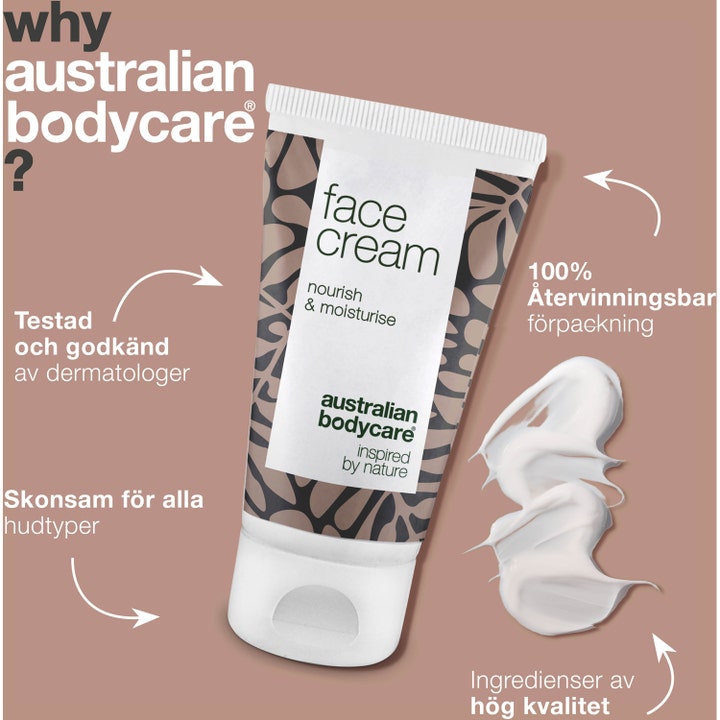 Australian Bodycare Face Cream 50 ml fugtgivende ansigtscreme vist med cremet hvid tekstur og mønstret tube