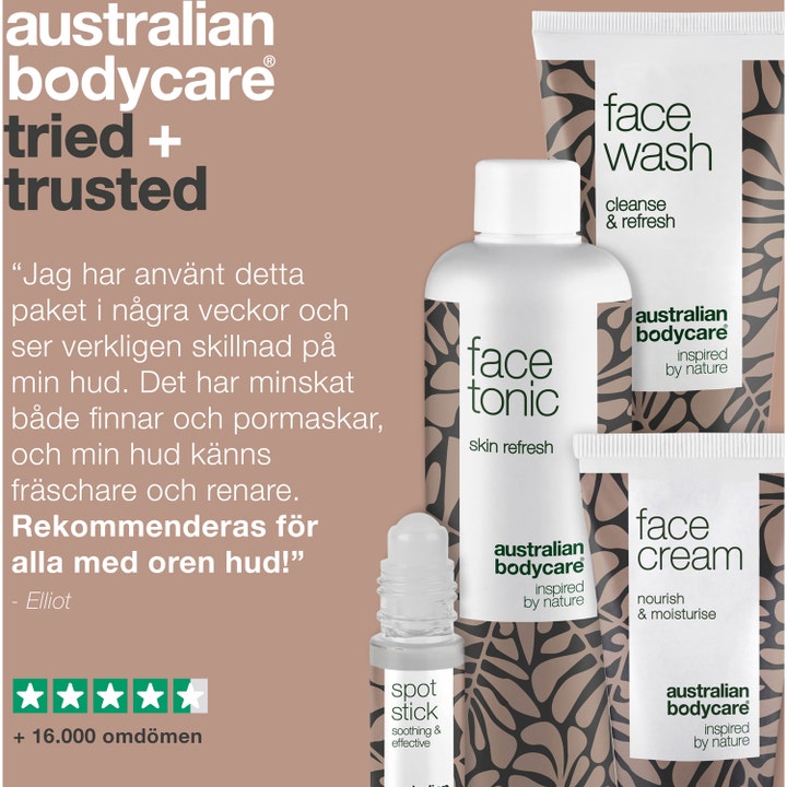 Australian Bodycare 4 Step Face Care 309 ml hudplejesæt mod urenheder viser fire produkter med stjerner og anmeldelse