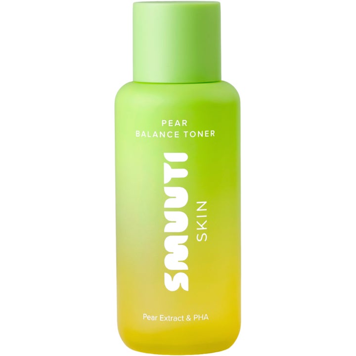 Smuuti Skin Pear Balance Toner eksfolierende ansigtstoner i en flaske med limegrøn gradient og pæreekstrakt