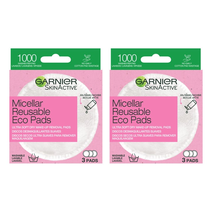Garnier SkinActive Micellar Reusable Eco Pads 3-pak genanvendelige rondeller i lyserød mikrofiber fjerner skånsomt makeup.