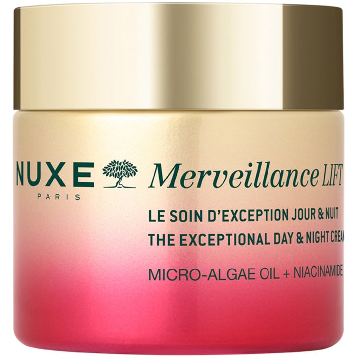 Nuxe Merveillance LIFT 50 ml opstrammende dag- og natcreme med niacinamid i guld og pink ombre krukke.