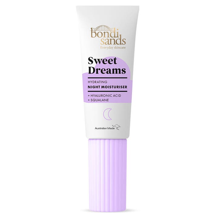 Bondi Sands Sweet Dreams Hydrating Night Moisturiser natcreme giver intens fugt i hvid tube med riflet lilla låg