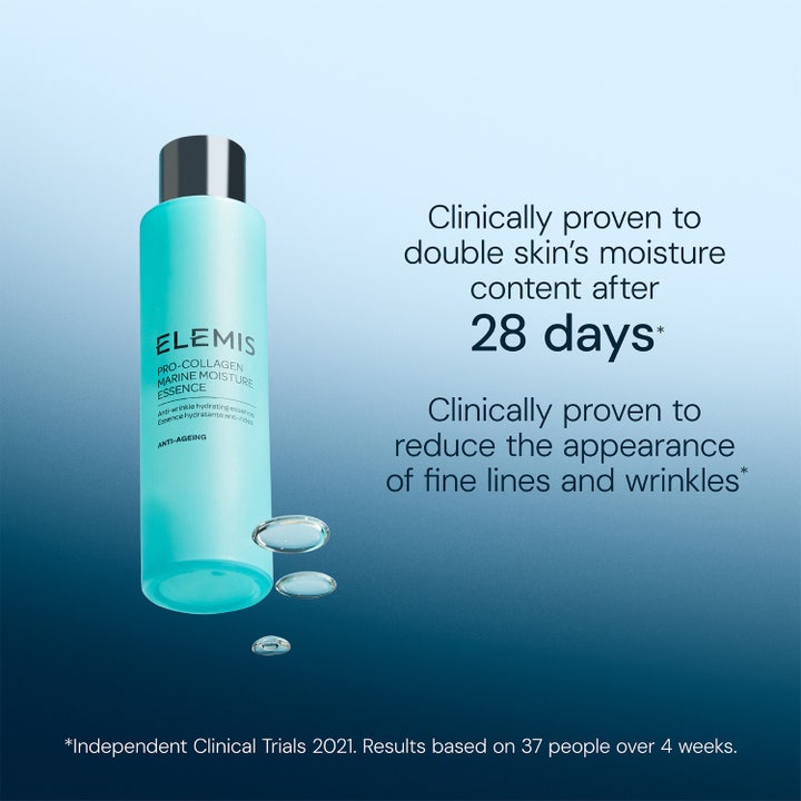 Elemis Pro-Collagen Marine Moisture Essence 100 ml fugtgivende essens i turkis flaske der mindsker rynker på 28 dage.
