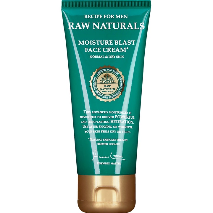 Recipe for Men Raw Naturals Moisture Blast Face Cream fugtgivende ansigtscreme i grøn tube med bronzefarvet låg