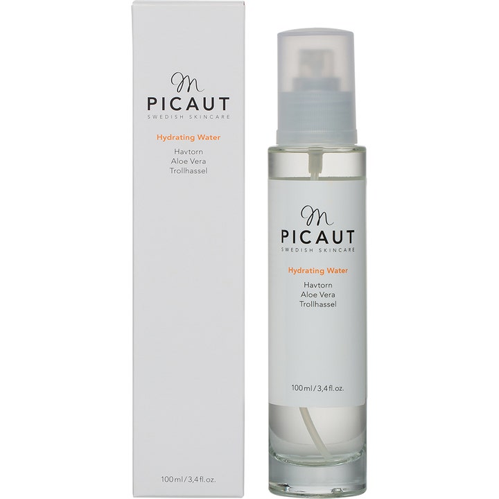 M Picaut Swedish Skincare Hydrating Water 100 ml fugtgivende face mist i klar flaske med havtorn og aloe vera.