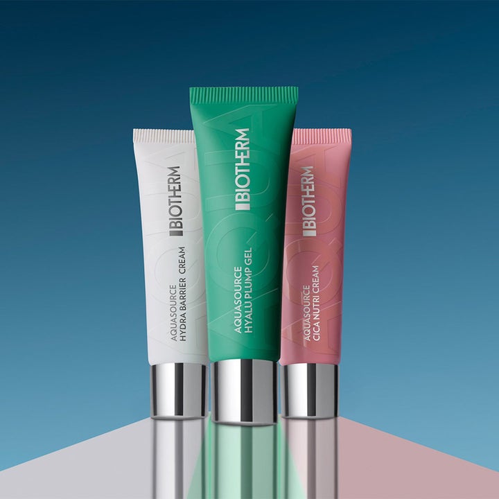 Biotherm Cleanse, Calm & Care hudplejesæt med fugtgivende cremer i hvide, grønne og lyserøde tuber med sølvlåg.