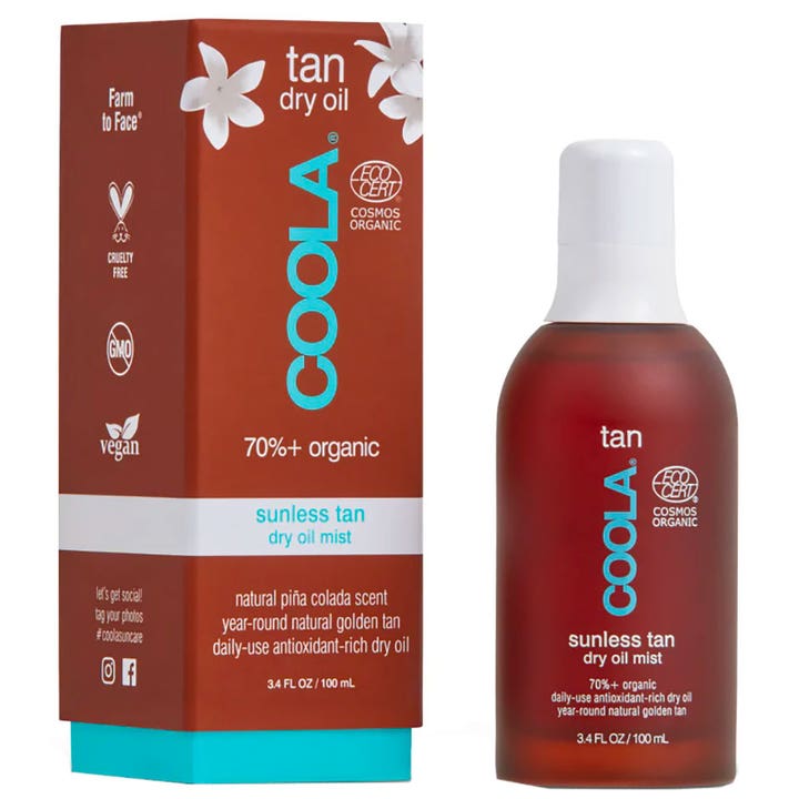 COOLA Sunless Tan Dry Oil Mist 100 ml selvbruner giver naturlig glød i brun sprayflaske med hvidt låg og æske.