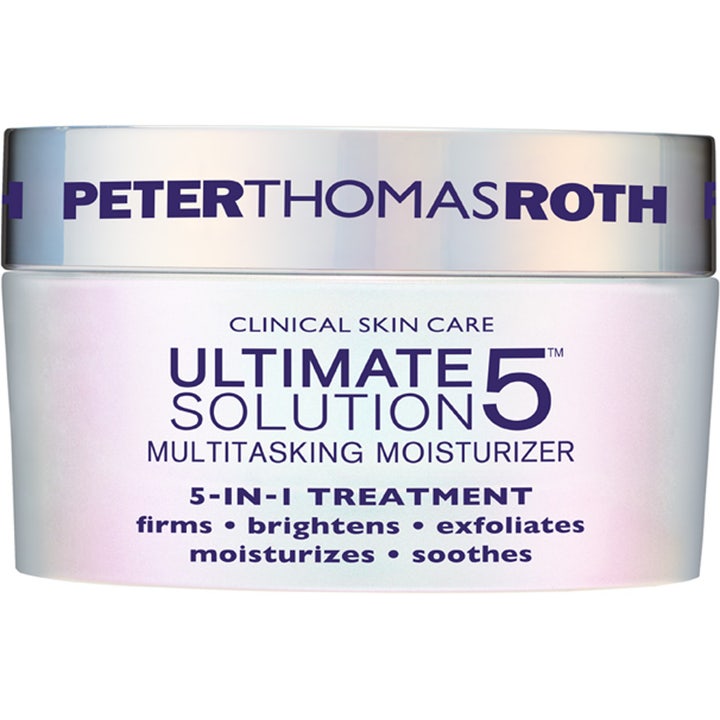 Peter Thomas Roth Ultimate Solution 5 Multitasking Moisturizer 5-i-1 ansigtscreme i hvid krukke med blankt sølvlåg.