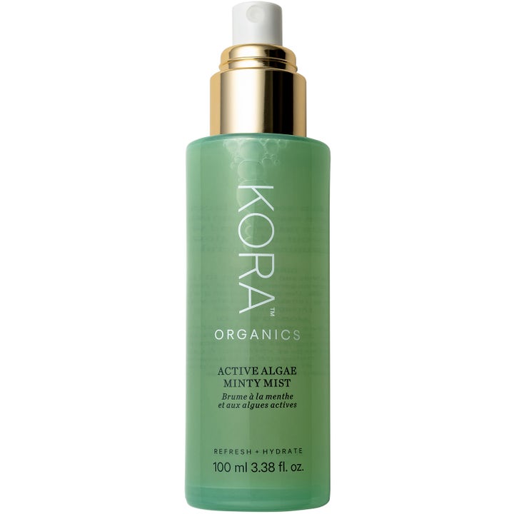 KORA Organics Active Algae Minty Mist 100 ml opfriskende ansigtsspray i grøn flaske med luksuriøs guldpumpe