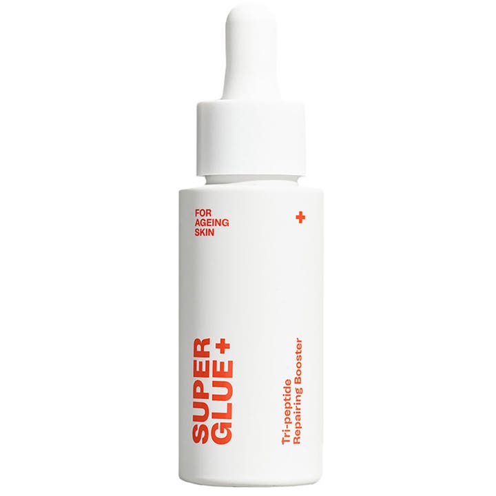 Super Glue+ Tri-peptide Repairing Booster 30 ml reparerende serum mod aldringstegn i hvid flaske med pipette og rød tekst