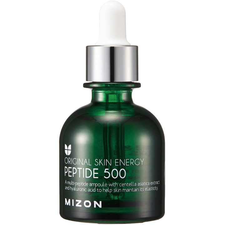 Mizon Peptide 500 30ml opstrammende serum i en mørkegrøn glasflaske med sølvfarvet pipette.