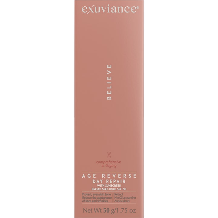 Exuviance Age Reverse Day Repair SPF30 50 g anti-aging dagcreme i en støvet rosa æske med hvid tekst