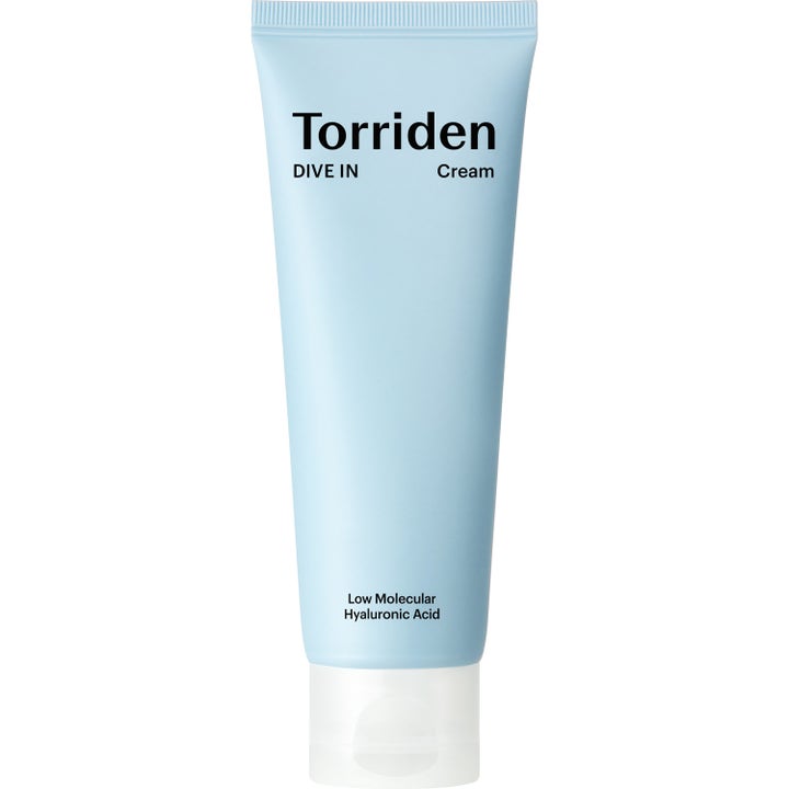Torriden DIVE IN Cream fugtgivende ansigtscreme med hyaluronsyre i en lyseblå tube med hvidt låg