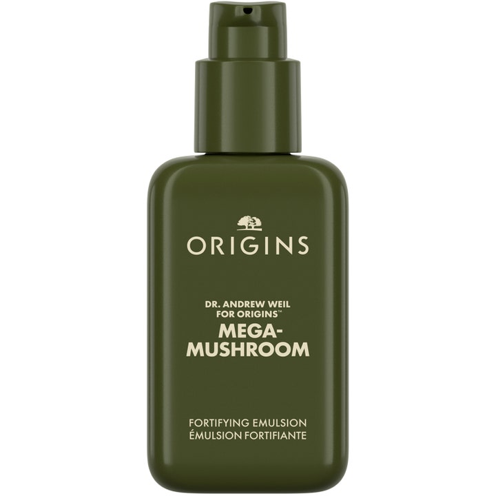 Origins Mega-Mushroom Fortifying Emulsion 100 ml styrkende ansigtsemulsion der giver ro i en mørkegrøn flaske med pumpe